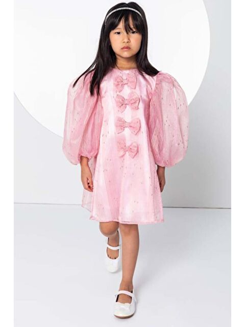 Riccotarz Kız Çocuk Önü Boydan Aşağı Fiyonk Detaylı Balon Kollu İçi Astarlı Pembe Elbise - S000393925-20024