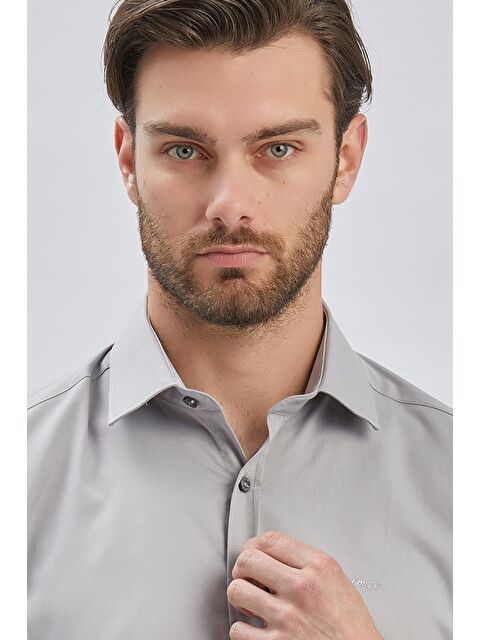 İMZA Gri Uzun Kollu Sert Yaka Cepsiz Pamuklu Elastanlı Klasik Slim Fit Dar Kesim Gömlek 1004240234 - S000356845-20600
