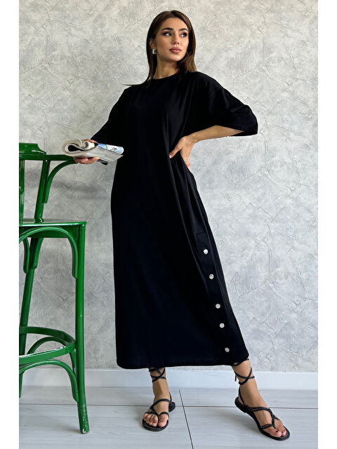 Gülseli Bisiklet Yaka Çıtçıt Detaylı Kadın Salaş Elbise - S000299142-19351