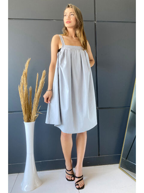 Gülseli Kalın Askılı Yan Bağlamalı Gabardin Pileli Elbise - S000299497-20600