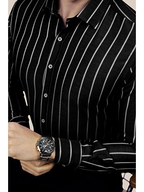 Etikmen Siyah Beyaz Çizgili Slimfit Erkek Gömlek - S000119128-37424
