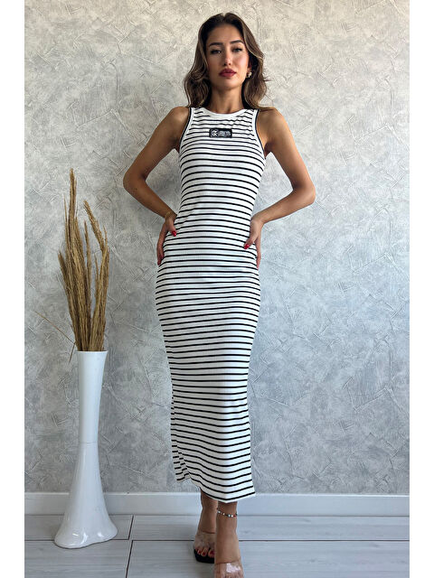 Gülseli Bisiklet Yaka Amblem Detaylı Kadın Çizgi Desenli Elastanlı Elbise - S000299503-19966