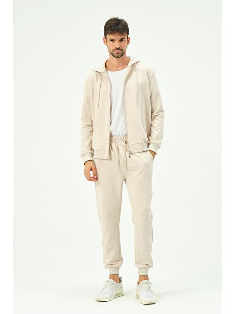 C&City Erkek Kapüşonlu Önü Fermuarlı Manşetli Paça Eşofman Takım 8702 Bej - S000220985-19928