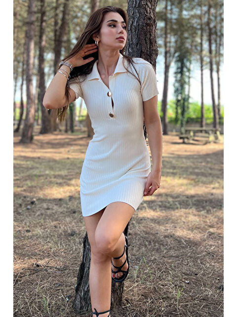 Gülseli Polo Yaka Ön Düğme Detaylı Elastanlı Kadın Mevsimlik Triko Elbise - S000308434-19966