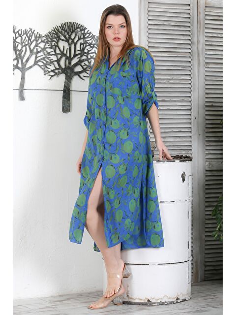 Chiccy İtalyan Mavi Düğmeli Uzun Kollu Desenli Çift Cepli Kapüşonlu Casual Dokuma Yazlık Elbise 130 65 - S000344217-17234