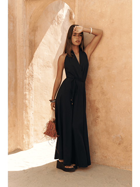 Bohemai Rhonsa Bağcıklı Siyah Uzun Elbise - S000397469-19351