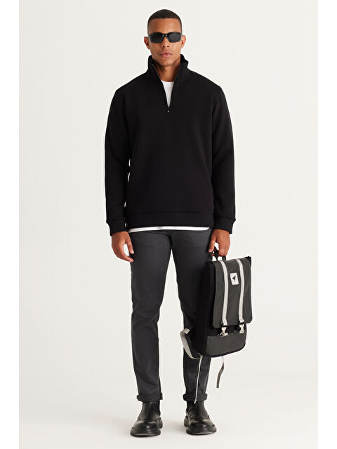 AC&Co / Altınyıldız Classics Erkek Siyah Standart Fit Normal Kesim İçi Polarlı Bato Yaka Pamuklu Sweatshirt - S000394598-19351