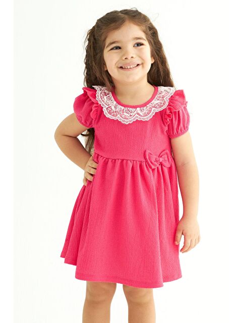 Zepkids Kare Yaka Fırfır Kol Bısıklet Yaka Kurdale Detaylı Yakası Dantelli Fuşya Renk Kız Çocuk Elbıse - S000361764-18686