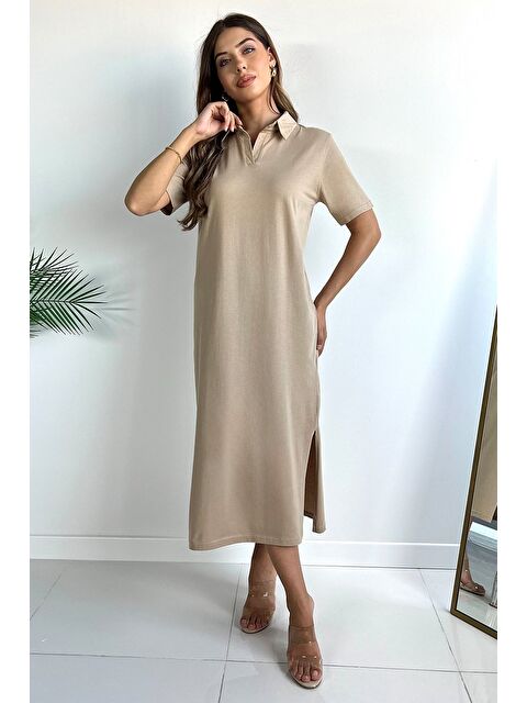 Gülseli Kadın Polo Yaka Yanlar Yırtmaçlı Basic Elbise - S000299418-19928