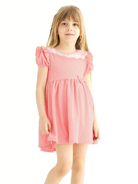 Zepkids Kare Yaka Fırfır Kol Bısıklet Yaka Kurdale Detaylı Yakası Dantelli Somon Renk Kız Çocuk Elbıse - S000361764-24085