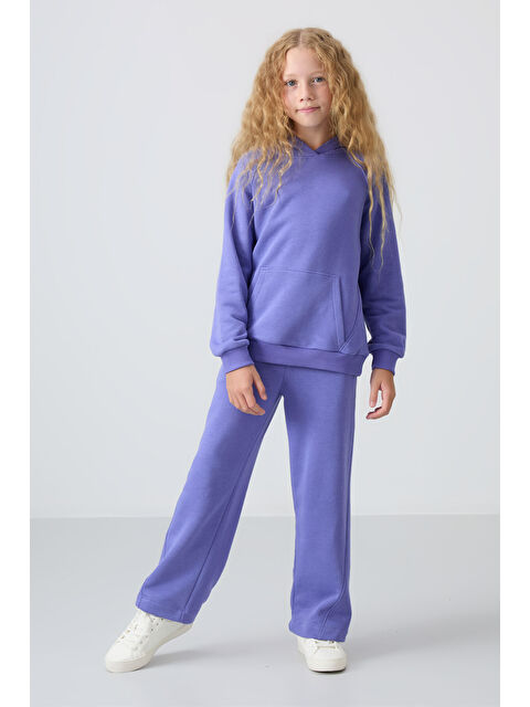 Tommylife Eflatun Pamuklu İçi Tüylü Yumuşak Dokulu Standart Fit Nakışlı Kız Çocuk Eşofman Takım - 75162