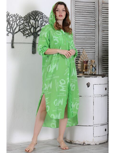 Chiccy İtalyan Fıstık Yeşili Kapüşonlu Düğmeli Uzun Kollu Çift Cepli Allover Baskılı Dokuma Elbise 130 65 - S000344303-19972