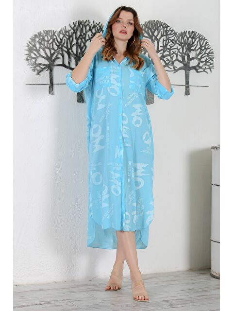 Chiccy İtalyan Açık Turkuaz Kapüşonlu Düğmeli Uzun Kollu Çift Cepli Allover Baskılı Dokuma Elbise 130 65 - S000344303-20049