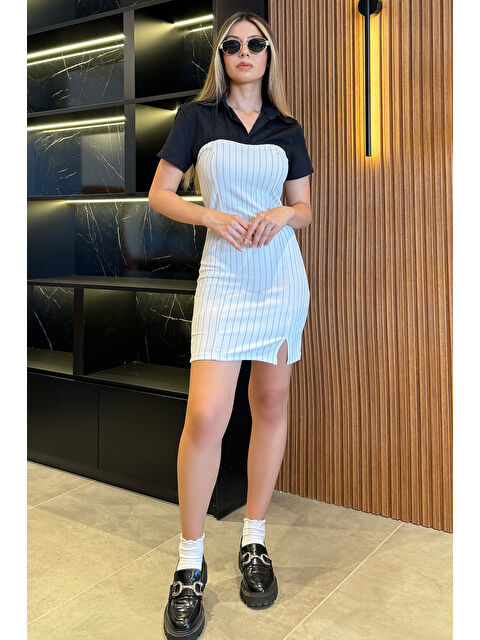 Gülseli Gömlek Garnili Çizgili Elbise - S000308526-37424