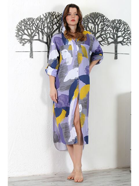 Chiccy İtalyan Beyaz Lila Kapüşonlu Düğmeli Uzun Kollu Çift Cepli Allover Baskılı Dokuma Elbise 130 65 - S000344302-37233