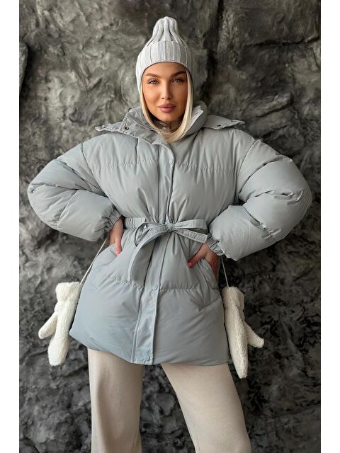 Madmext Gri Kapüşonlu Kuşak Detaylı Şişme Mont Mg2179 - S000283521-22875