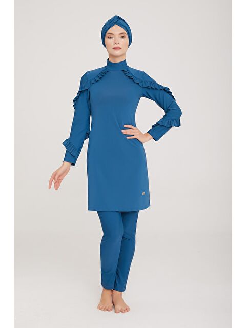 Adasea Fırfır Tasarım Likralı Tam Kapalı Tesettür Mayo Mırına 4104 Petrol - S000140485-20019