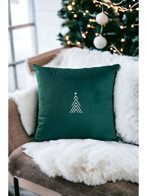 Asdiva Yılbaşı Kırlent Kılıfı Yeşil Zemin Nakışlı Minimal Beyaz Çizgi Çam Ağacı Desenli Yeni Yıl 43X43 - S000347707-18547