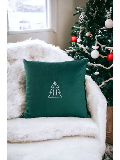 Asdiva Yılbaşı Kırlent Kılıfı Yeşil Zemin Beyaz Nakışlı Minimal Çam Ağacı Desenli Yeni Yıl 43X43 - S000347707-19416