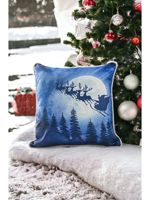 Asdiva Yılbaşı Kırlent Kılıfı  Mavi Yeni Yıl Kar Temalı Biyeli 43X43 - S000347706-17234