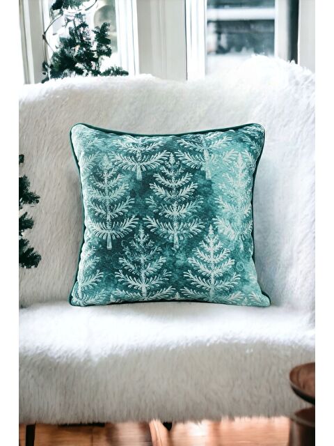 Asdiva Yılbaşı Kırlent Kılıfı Yeşil Zemin Kar Beyaz Çam Ağacı Yeni Yıl Desenli 43X43 - S000347707-18194