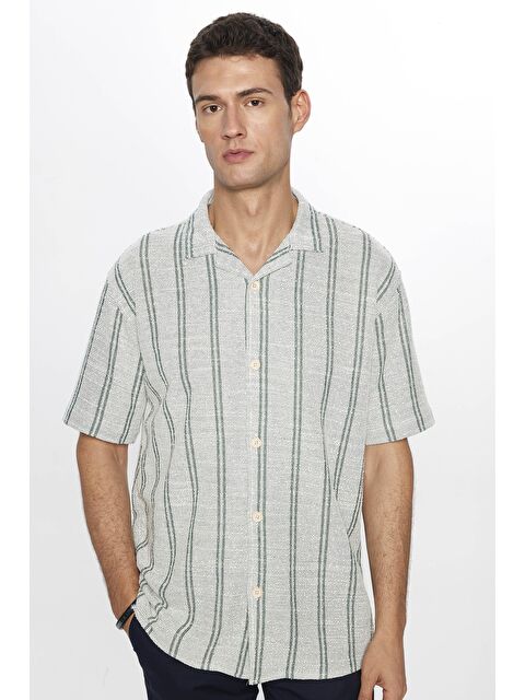 TUDORS Relax Fit Rahat Kesim Çizgili Kısa Kollu Apaş Yaka Yazlık Erkek Yeşil Gömlek