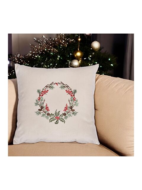 Asdiva Yılbaşı Kırlent Kılıfı Bej Zemin Nakışlı Minimal Desenli Yeni Yıl 43x43 - S000347707-37209