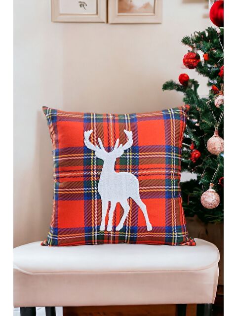Asdiva Yılbaşı Kırlent Kılıfı Kırmızı Ekose Kumaş Beyaz Punch Geyik Desenli Yeni Yıl Süzene Panç - S000347708-98