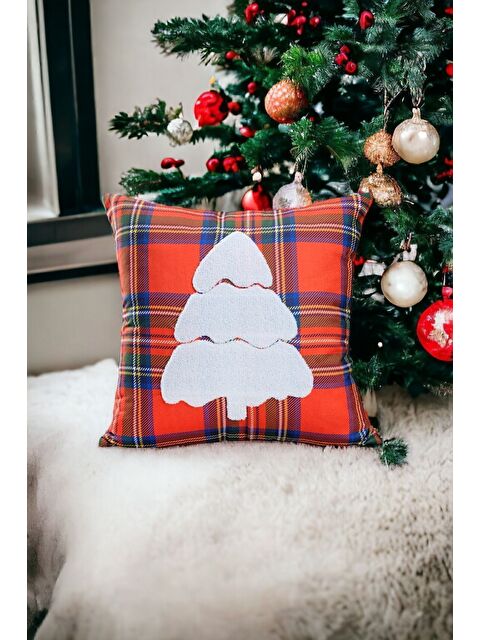 Asdiva Yılbaşı Kırlent Kılıfı Kırmızı Ekose Kumaş Beyaz Punch Yılbaşı Ağacı Desenli Süzene - S000347708-37328