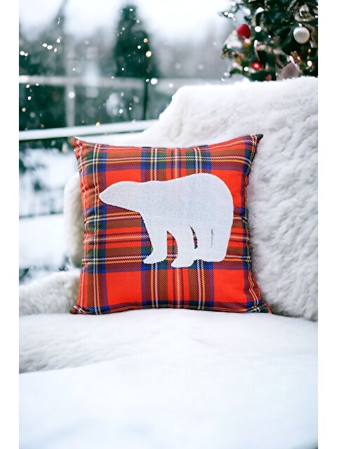 Asdiva Yılbaşı Kırlent Kılıfı Kırmızı Ekose Kumaş Beyaz Punch Boz Ayı Desenli Süzene Panç - S000347708-17308