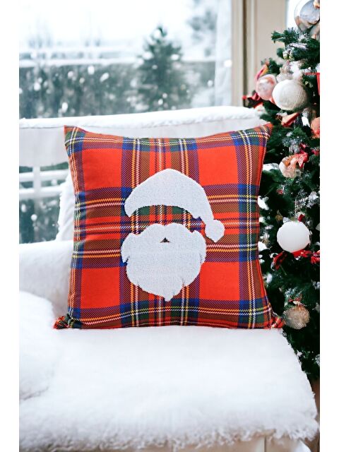 Asdiva Yılbaşı Kırlent Kılıfı Kırmızı Ekose Kumaş Beyaz Punch - S000347708-37229