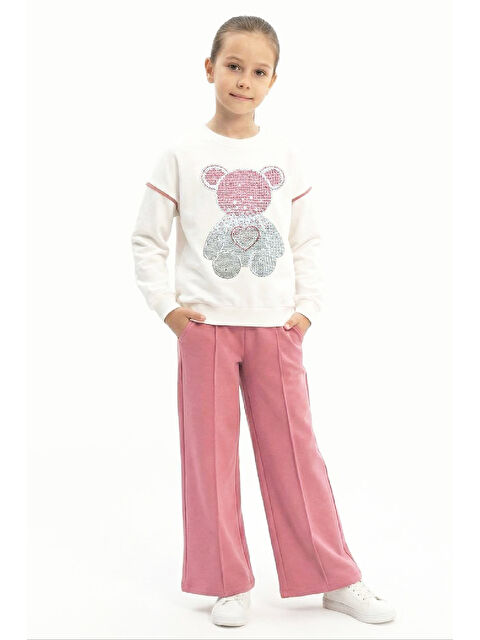 Modanino Kız Çocuk Taş İşlemeli Ayıcık ve Kalp Baskılı 2 İplik Alt-Üst Takım 3-12 Yaş 12477 - S000491791-20028