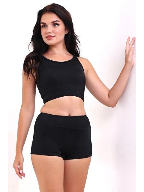 Hazelin Kadın Siyah Şortlu Büstiyerli Parlak Kumaş Yüzücü Bikini Takım HZL23S-AR17541 - S000246391-19351