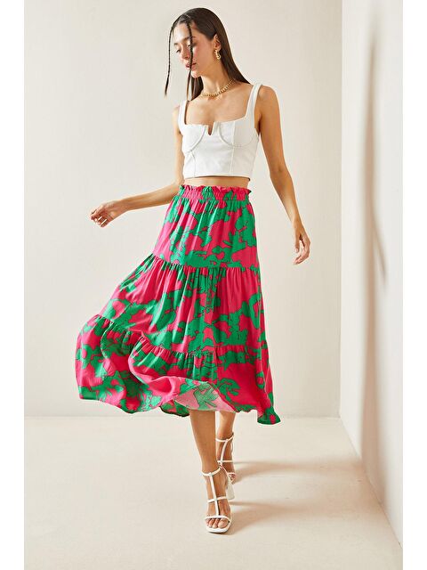 Xhan Yeşil Çiçek Desenli Volanlı Midi Etek 5YXK7-48828-08 - S000236621-18194