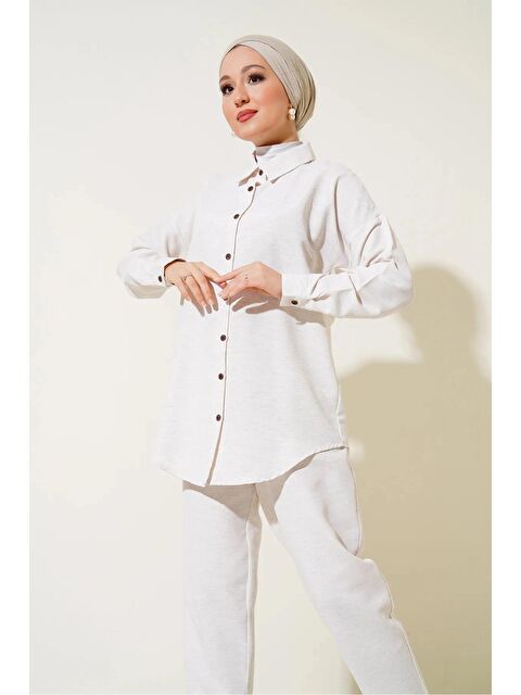 Hazelin Kadın Tesettür Krem Keten Gömlek Pantolon Alt-Üst İkili Takım - S000122826-19966
