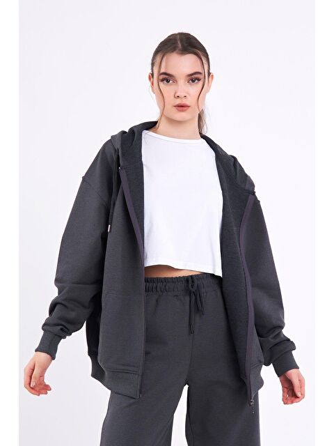 Mmetalic Antrasit Kanguru Cepli Kapüşonlu Fermuarlı Oversize Kadın Sweatshirt MTLCB73 - S000233412-29666