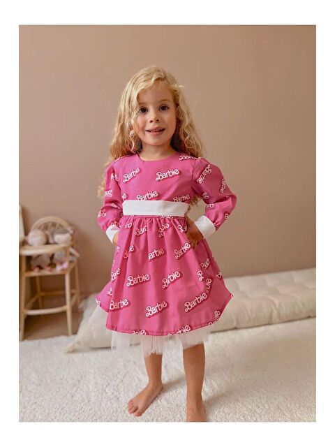 Magu Pembe Barbie Desenli Astarlı Beyaz Fiyonklu Elbise - S000491811-20024