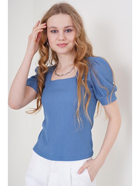 Bigdart 0409 Kare Yaka Örme Bluz - İndigo - S000089626-23093