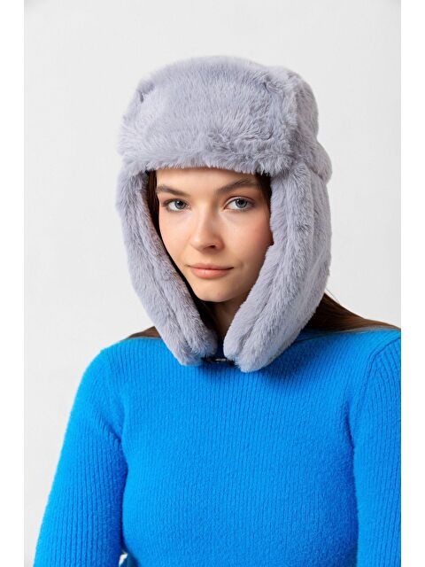 Luminos Butik Kadın Gri Çıtçıtlı Kürklü Kulaklıklı Pelüş Bere Şapka Bere1127