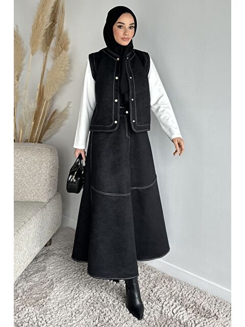 Julude Bisiklet Yaka Body Süet Yelek Etek Tesettür Üçlü Takım - S000517577-19351