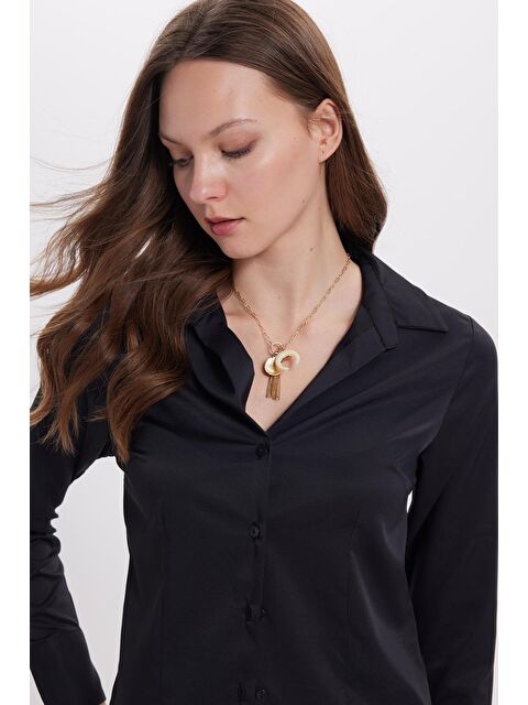 TUDORS Kadın Slim Fit Dar Kesim Pensli Vucüda Oturan Klasik Yaka Uzun Kollu Elastanlı Siyah Gömlek - S000521881-19351