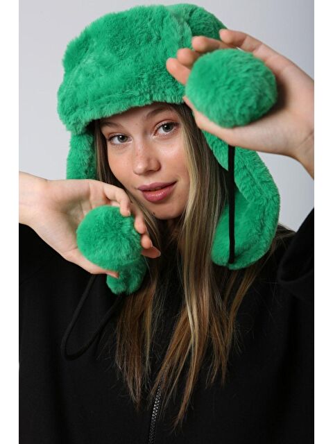 Luminos Butik Kadın Yeşil Kürklü Kulaklı Pelüş Şapka Bere1103 - S000250966-18194