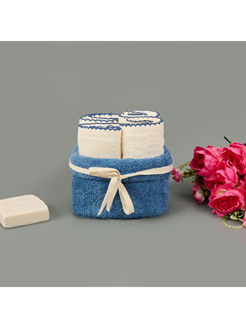 Evidea Soft Lina 4'lü Havlu Seti - Ekru / Mavi - 30x40 cm - S000366412-19965