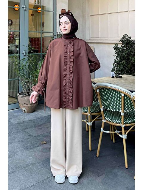 Lamelif Flores Fırfırlı Tunik Acı Kahverengi - S000521834-28102