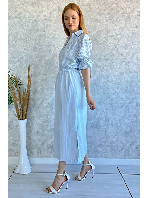 Gülseli Polo Yaka Yan Yırtmaçlı Bel Lastikli Kadın Çizgi Desenli Elbise - S000299541-17234