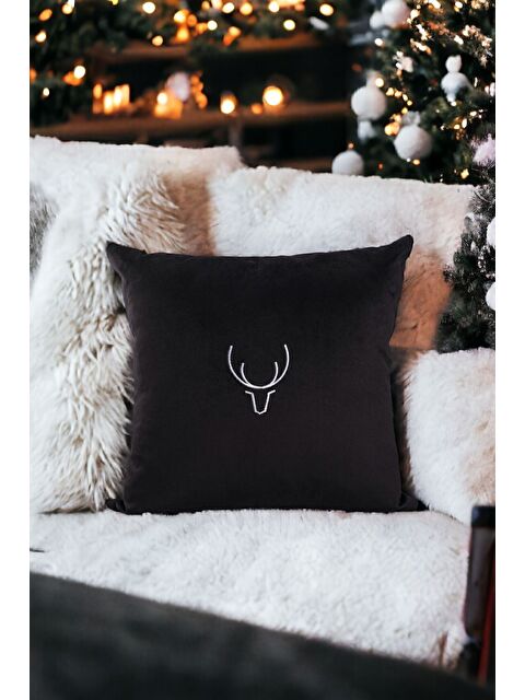 Asdiva Yılbaşı Kırlent Kılıfı Siyah Zemin Beyaz Nakışlı Minimal Geyik Desenli Yeni Yıl - S000347709-37424