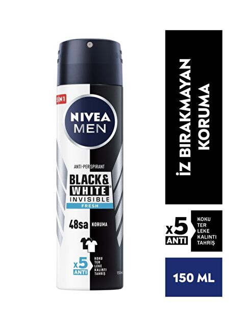 NIVEA Men Erkek Sprey Deodorant Black&White Invisible Fresh 150 ml, 48 Saat Anti-Perspirant Koruma - S000112882-26865