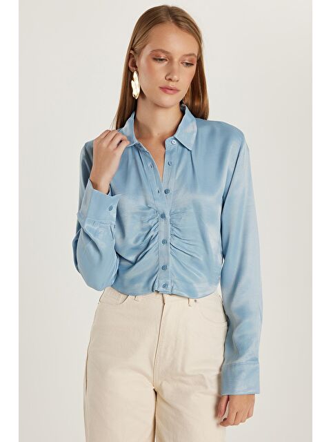 TUDORS Kadın Slim Fit Dar Kesim Uzun Kollu  Klasik Yaka Mavi Gömlek - S000521877-17234