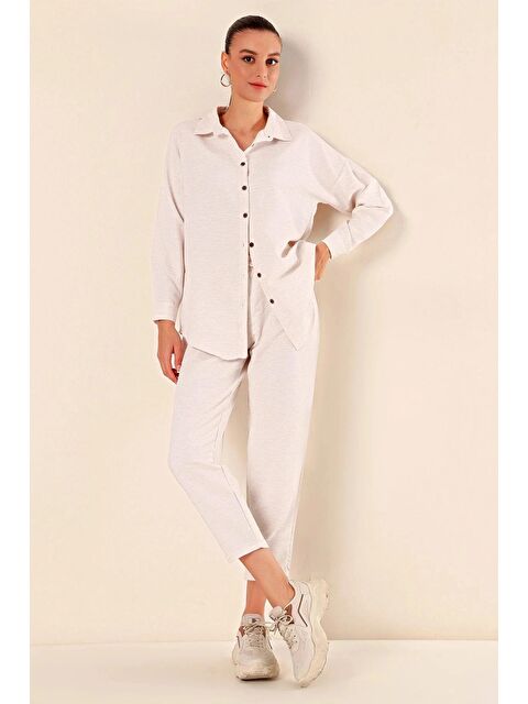 Hazelin Kadın Krem Keten Gömlek Pantolon Alt-Üst İkili Takım - S000122828-19966