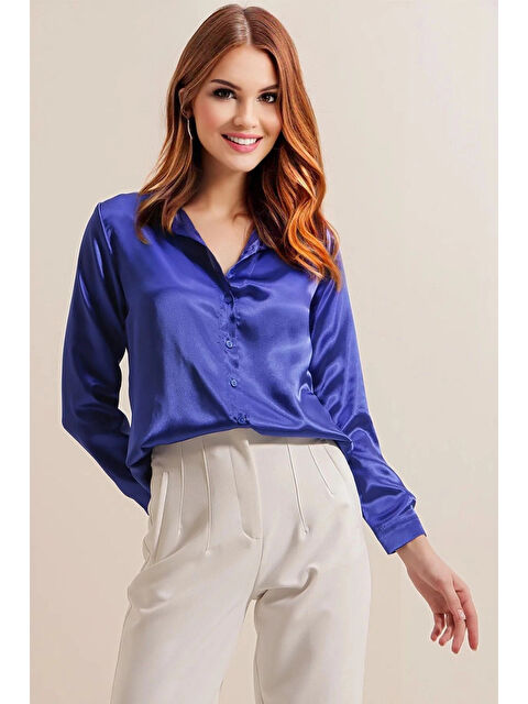 Hazelin Kadın Canlı Mavi Saten Yüzeyli  Gömlek HZL25W-BD139641 - S000228129-18761
